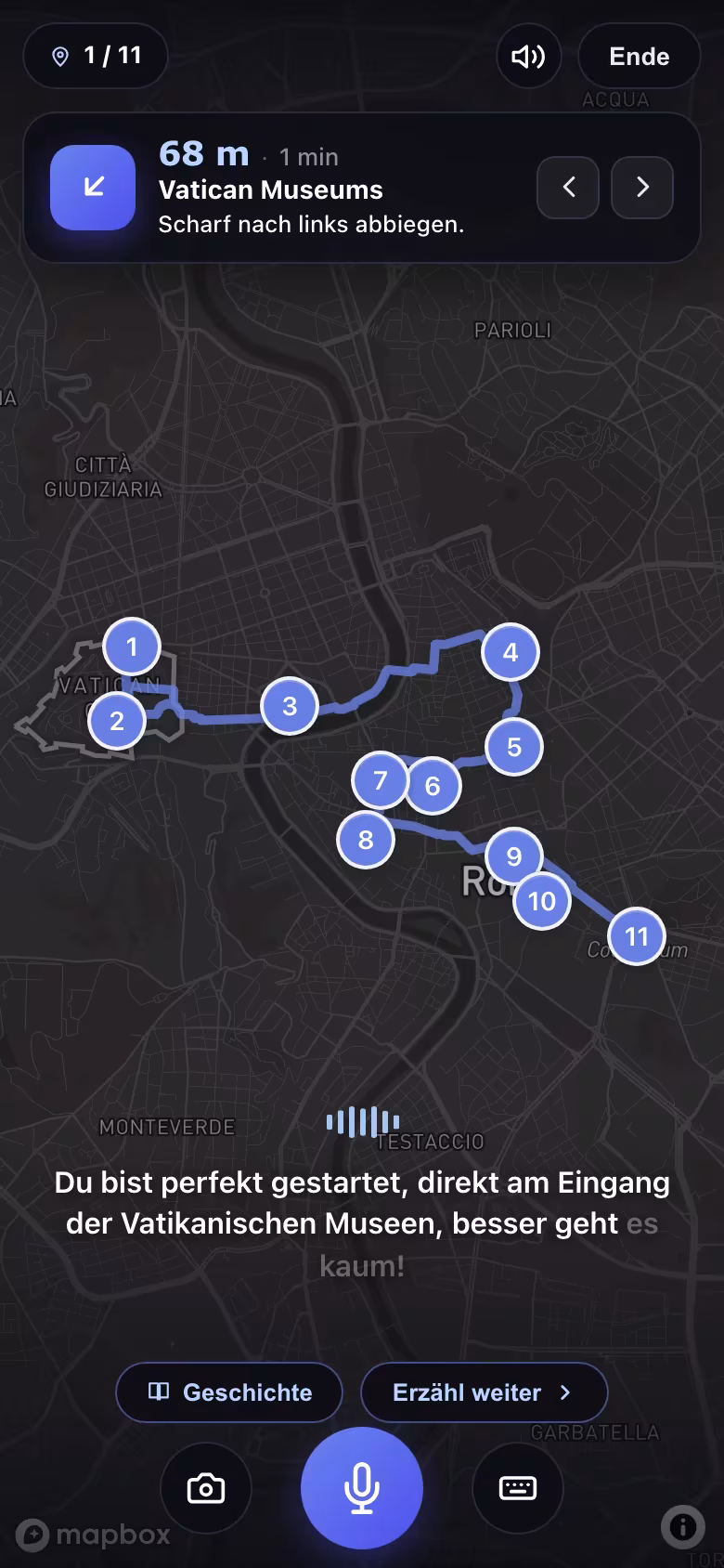 Unterwegs: der Guide erzählt die Geschichte von Nero und dem großen Brand Roms, während die Karte zum nächsten Stopp navigiert, mit Antwort-Buttons für Foto, Stimme und Text.