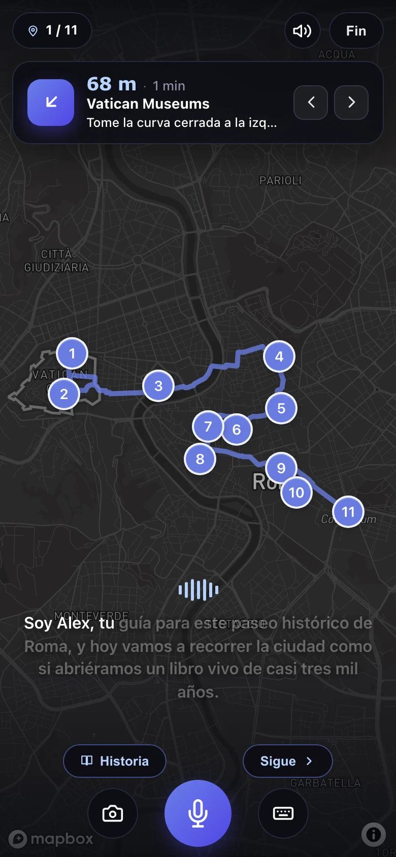 Durante el paseo: el guía cuenta la historia de Nerón y el gran incendio de Roma mientras el mapa navega hacia la siguiente parada, con botones para responder con foto, voz y texto.