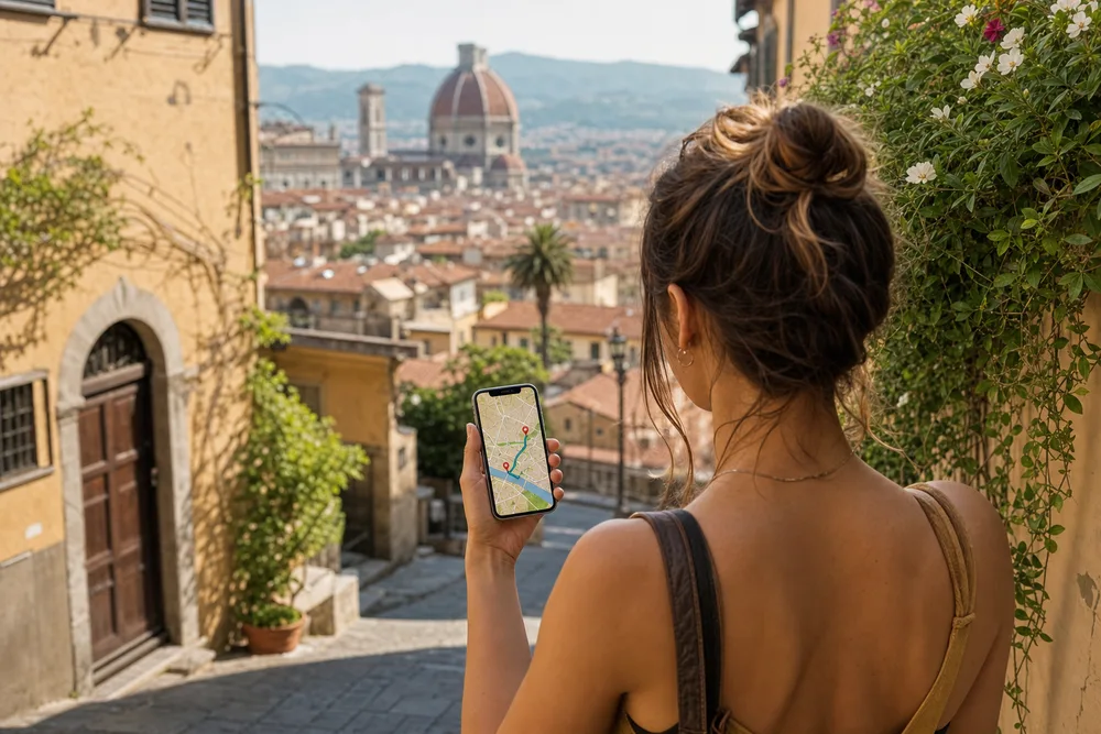 Traveler on a self-guided walking tour with their AI guide in a historic old town