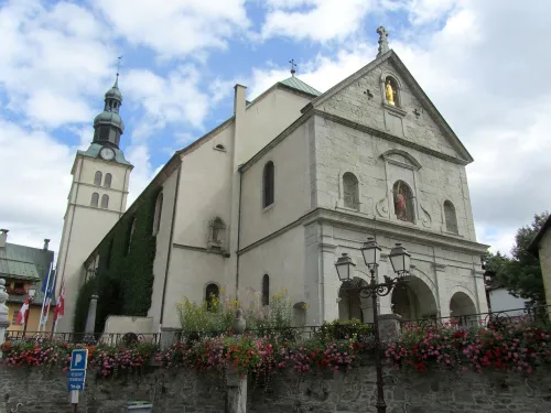 Place de l'Eglise & Eglise Saint-Jean-Baptiste in Megeve, stop 1 on the self-guided walking tour