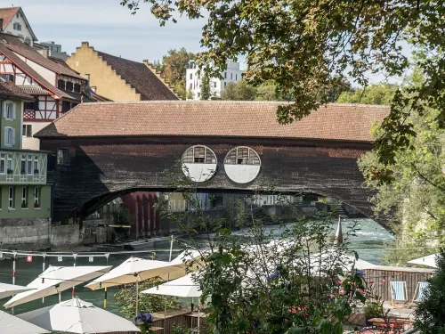 Covered Wooden Bridge in Baden, stop 7 on the self-guided walking tour