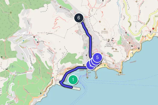 Mappa dell'anello del tour a piedi autoguidato di Amalfi