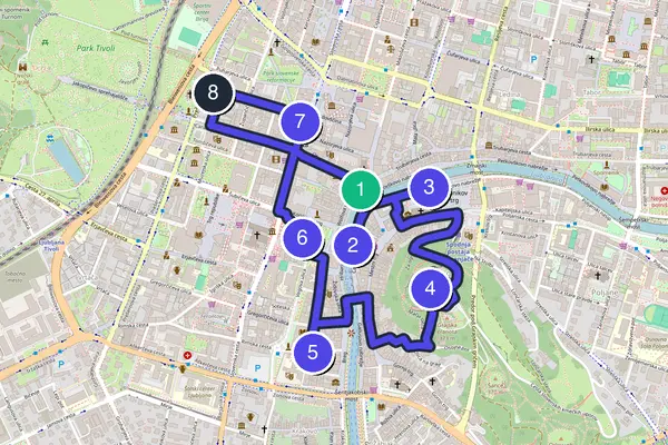 Mappa dell'anello del tour a piedi autoguidato di Lubiana