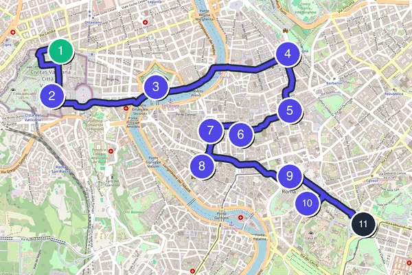 Mappa dell'anello del tour a piedi autoguidato di Roma