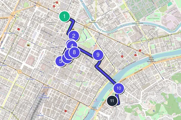 Mapa del recorrido autoguiado a pie por Turín
