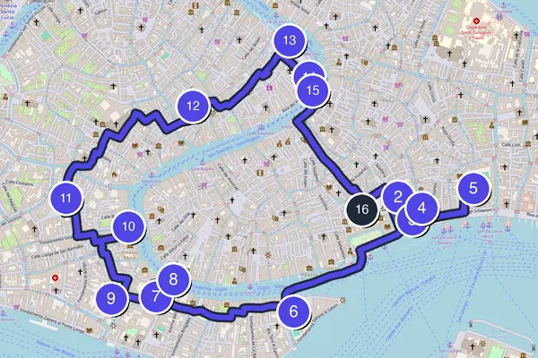 Mappa dell'anello del tour a piedi autoguidato di Venezia