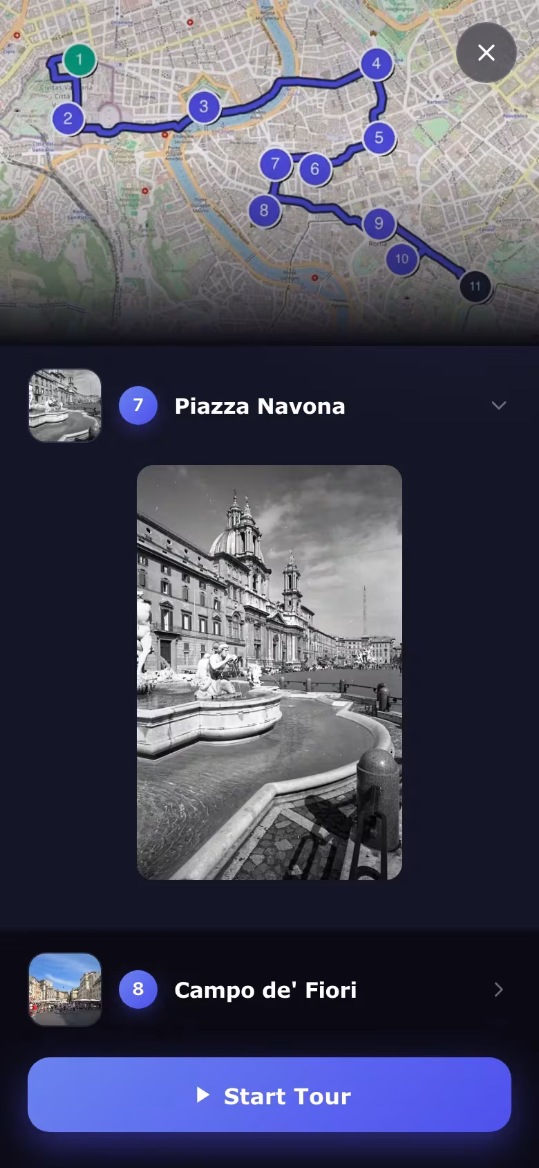 O ecrã Descobrir da aplicação, a perguntar 'Para onde o levo?', com uma caixa de pesquisa de cidades e cidades em destaque como Roma e Paris.