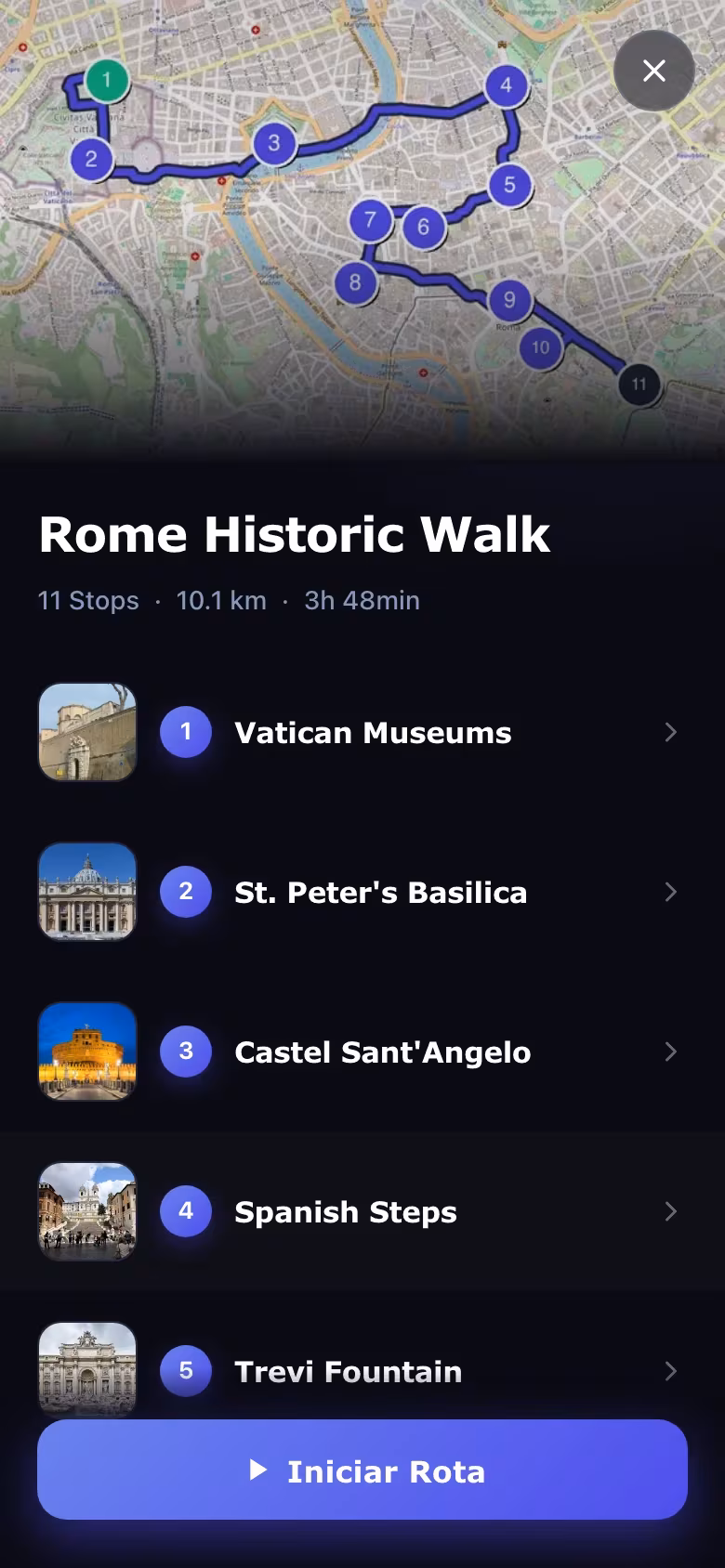 Um Passeio Histórico de Roma já criado: um mapa traça um percurso de 11 paragens pela cidade, com os Museus do Vaticano, a basílica de São Pedro, o Castelo de Sant'Angelo, a Escadaria Espanhola e a Fontana di Trevi, e um botão 'Iniciar passeio'.