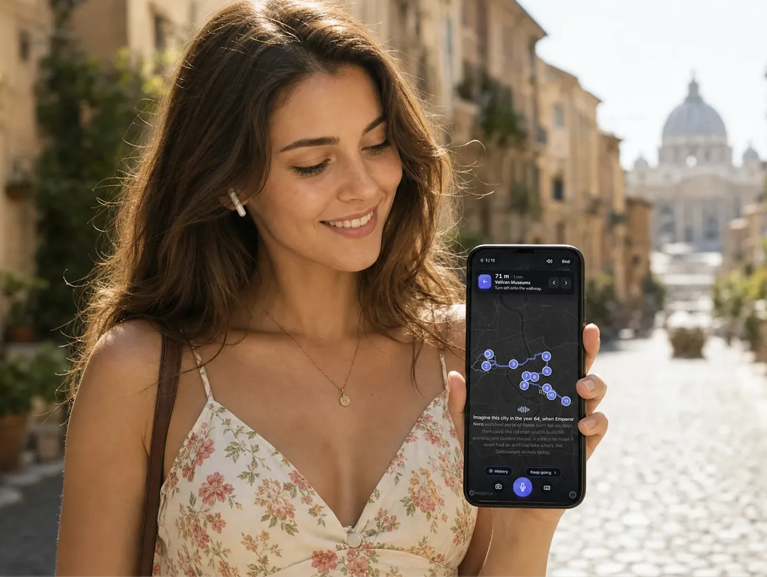 Uma mulher com o telemóvel na mão em Roma, a mostrar o guia interativo, com a basílica de São Pedro ao fundo.
