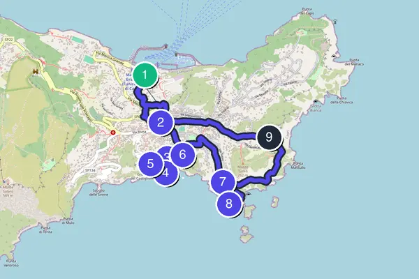 Karte der selbstgeführten Tour-Runde durch Capri